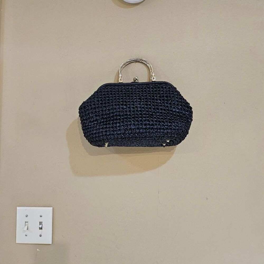 50s 60s cottagecore twee black raffia handbag made in italy - Picture 2 of 6